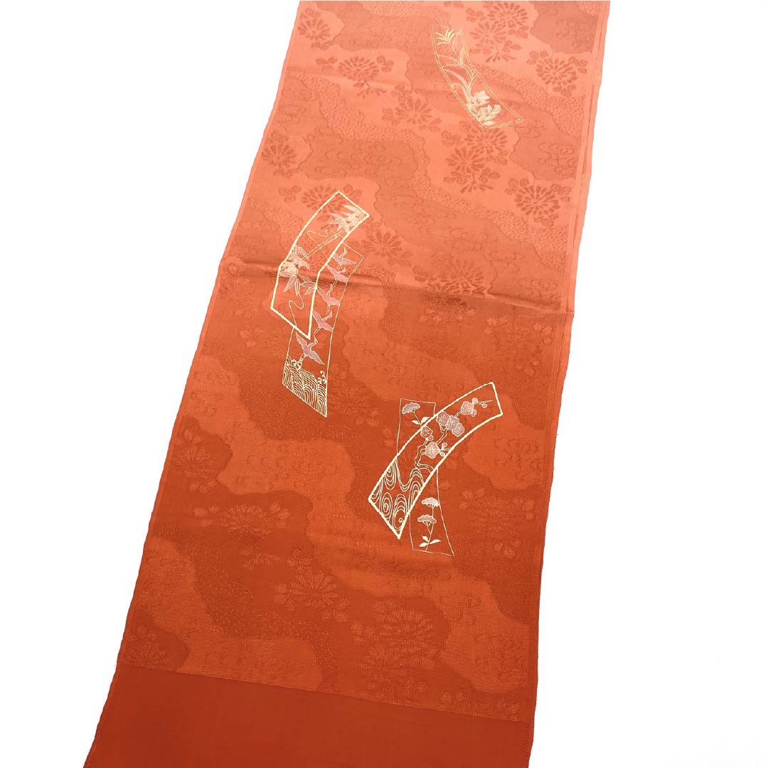 Semi-formal silk obiage (sash sash), S-rank, Tokiiro (red) and Shuiro (red) colors, with gradation strips, approximately 176cm long and 29cm wide, vermilion, color 1136001862916
