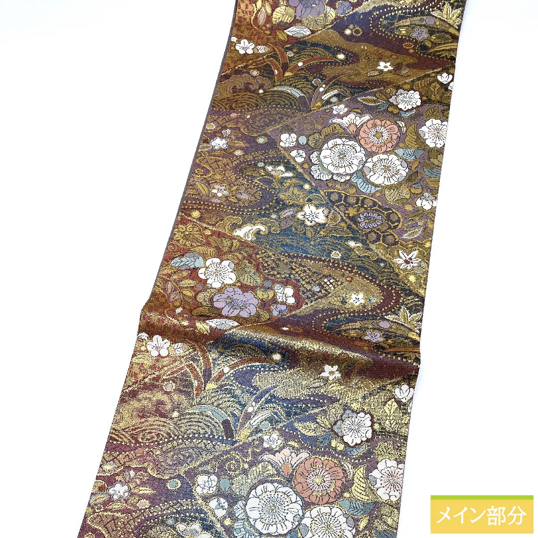 (未仕立)袋帯 半色(はしたいろ) 辻ヶ花 切り嵌め風 帯丈436cm 正絹 Sランク 六通 セミフォーマル 紫系 1123009932320