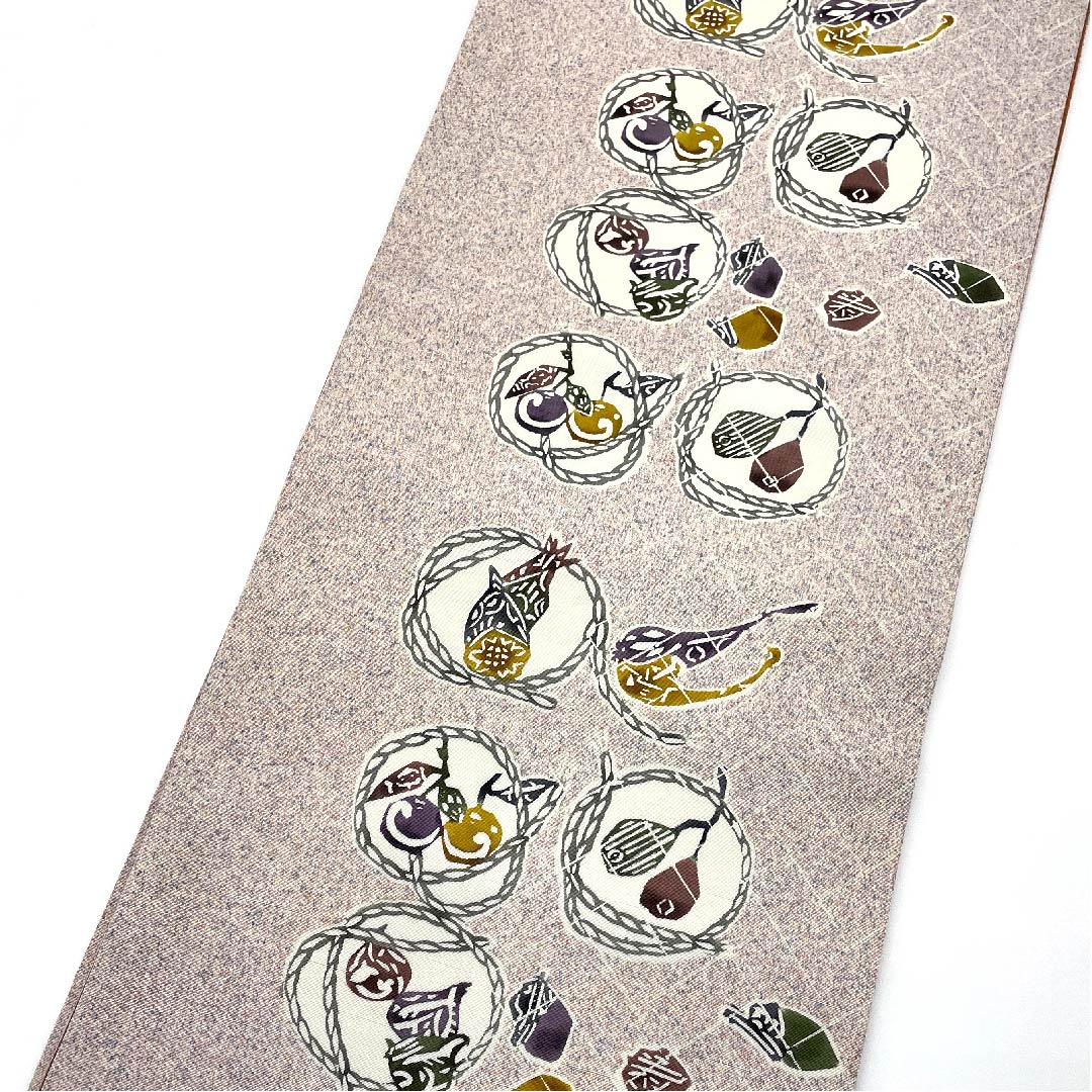 袋帯 桜色(さくらいろ) 野菜模様 染帯 紬地 帯丈456cm 正絹 Sランク 全通 カジュアル ピンク系 1123005742413