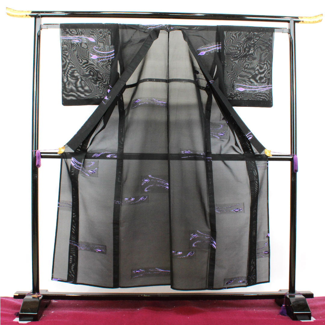 Summer pure silk tsumugi length 155cm sleeve length 62.5cm abstract pattern gauze rank S black 1132000932310