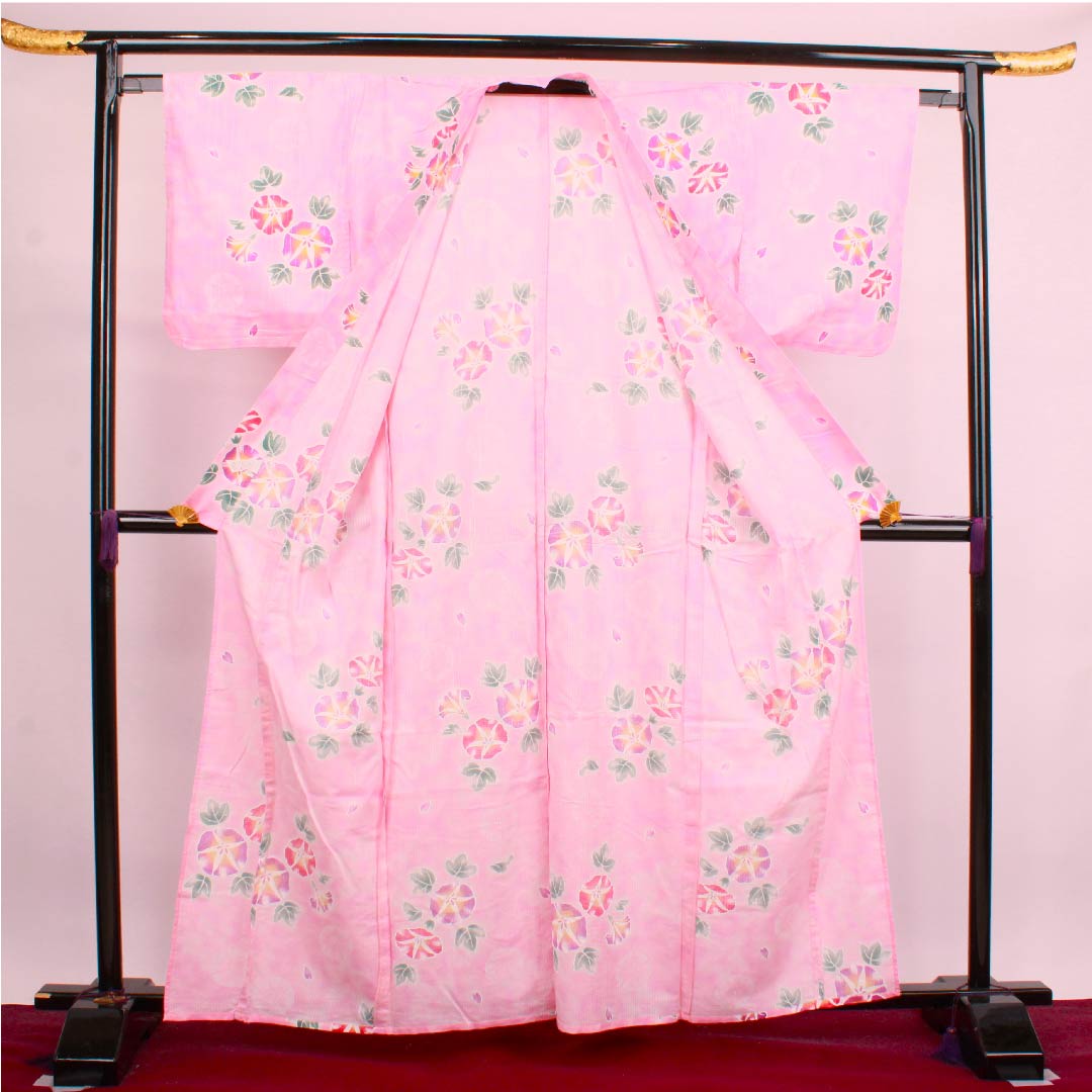 浴衣 洎夫藍色 浅紅色 朝顔 銀糸 木綿 Sランク 単衣 身丈162cm 裄丈64cm ピンク系 1118004252413