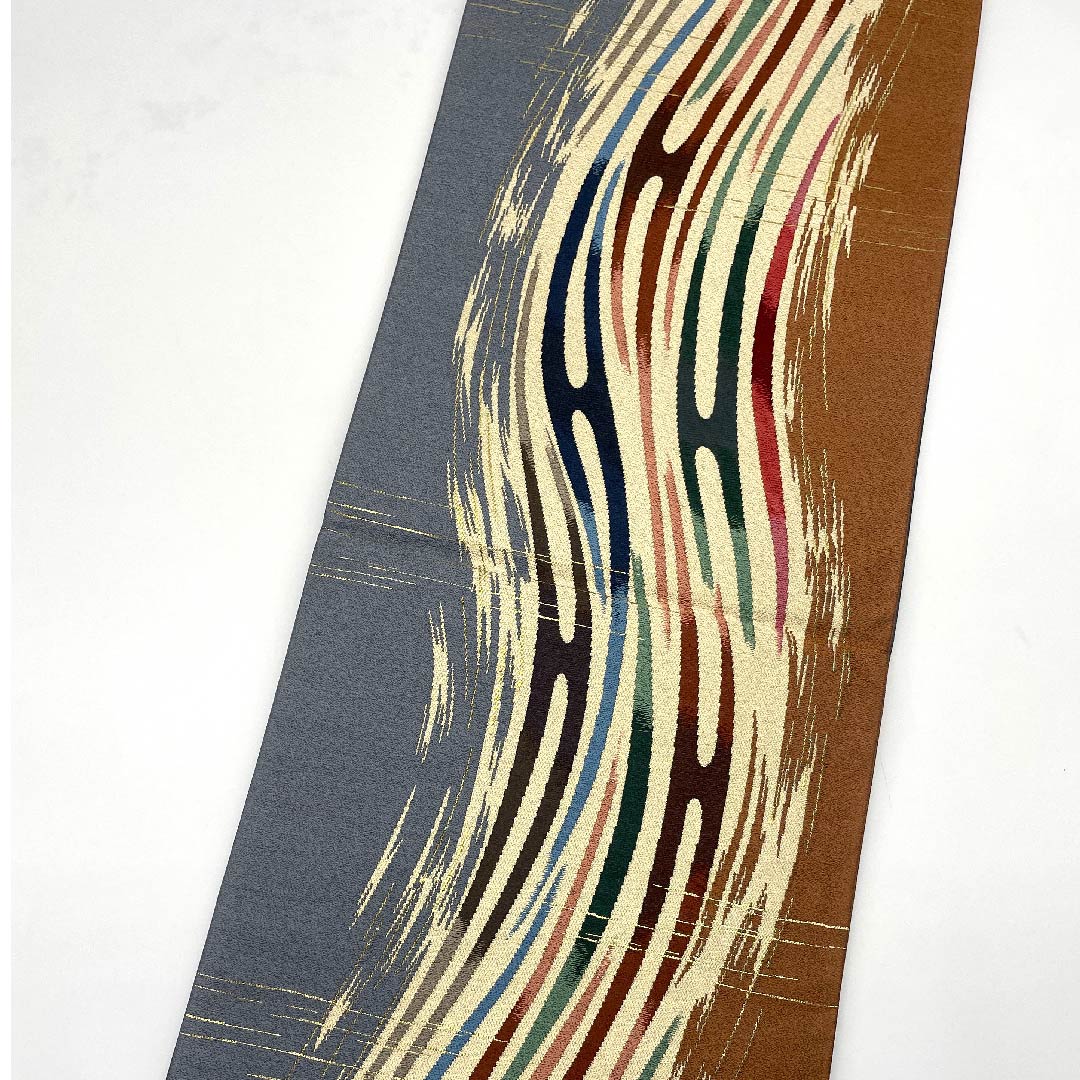 袋帯 赤錆色(あかさびいろ) 白綾苑大庭 幾何学模様 帯丈434cm 正絹 Sランク 六通 カジュアル グラデーション系 1123008802399