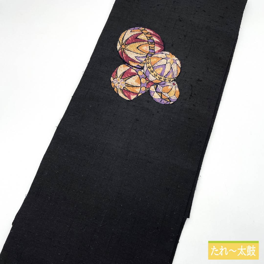 名古屋帯 パッチワーク 毬 ひげ紬 帯丈367cm 正絹 Sランク ポイント柄 カジュアル 黒系 1124007882310 名古屋仕立て