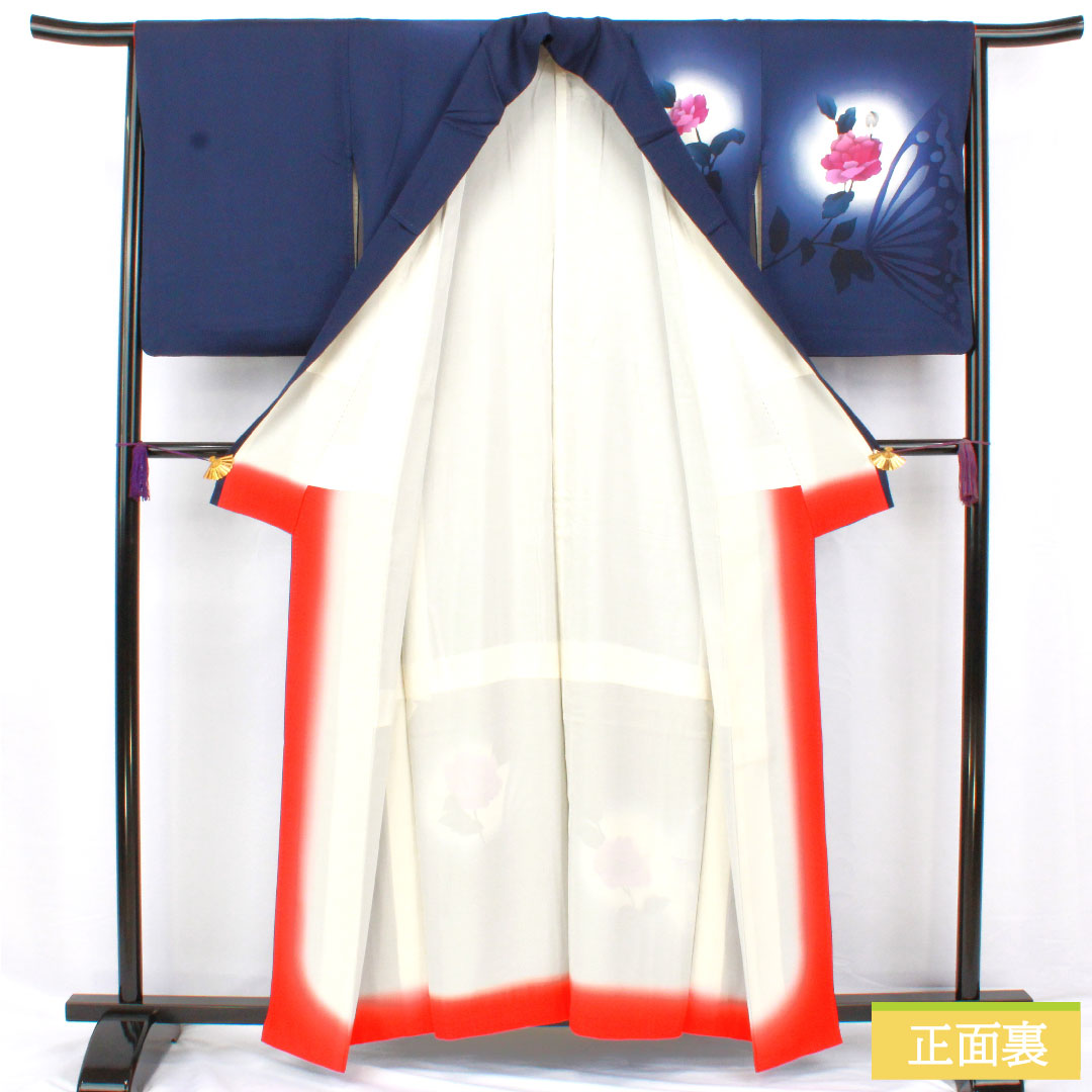 訪問着 正絹 袷 身丈159cm 裄丈65cm 濃紺色(のうこんいろ) 蝶 薔薇 Aランク 紺系 1112005883318