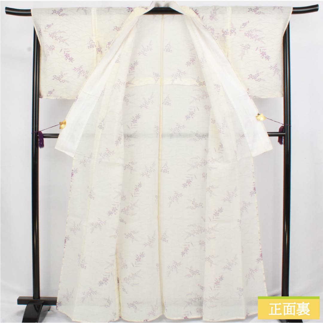 Summer linen tsumugi (pongee) kimono, length 165cm, sleeve length 69cm, milky white (nyuhakushoku) Ojiya-chijimi (Ojiya-style silk) with floral and gauze patterns, rank A, white, product number 1132002683511