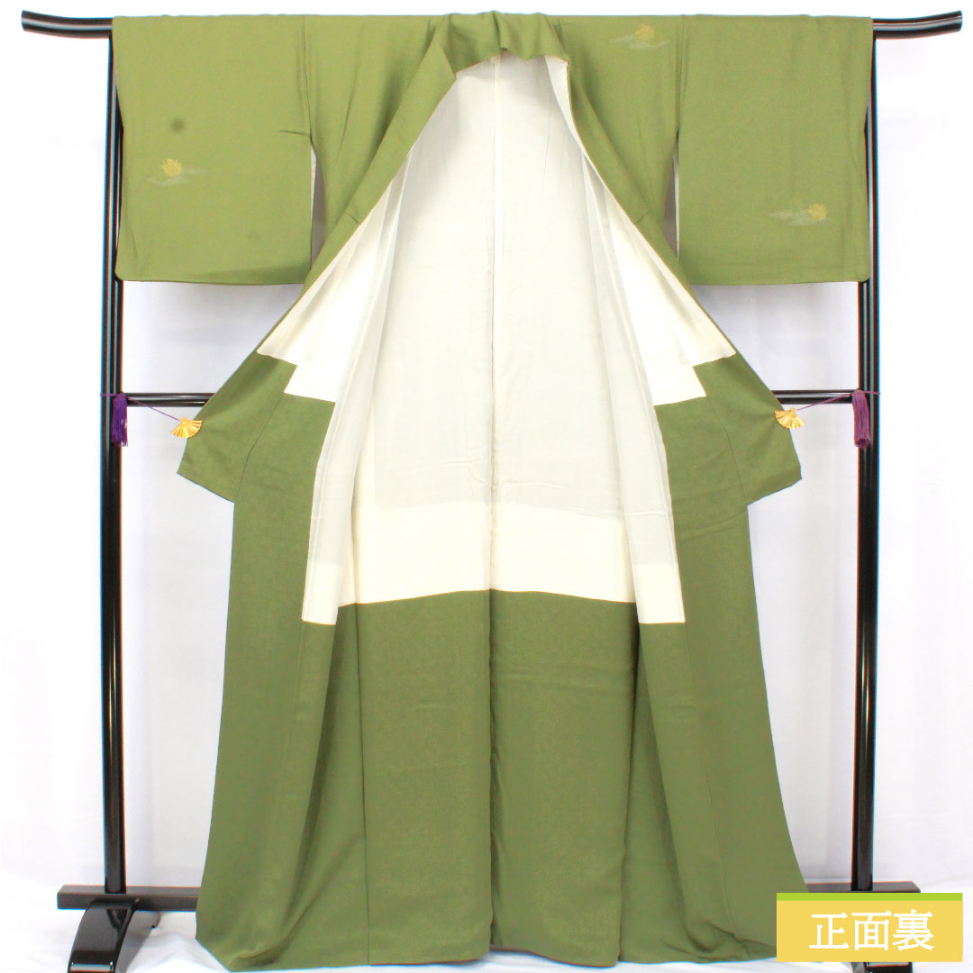 色無地 正絹 身丈164.5cm 裄丈65cm 緑衫色(ろくそういろ)縫い取り 一つ紋 揚羽蝶 袷 Sランク 緑系 1114002012419