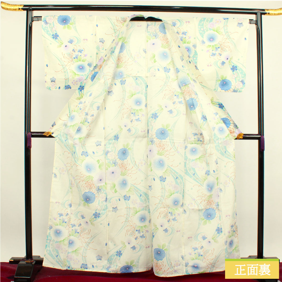 Yukata Cotton Length 164cm Sleeve length 66cm S rank Single layer White Cherry blossom Chrysanthemum 1118004672411