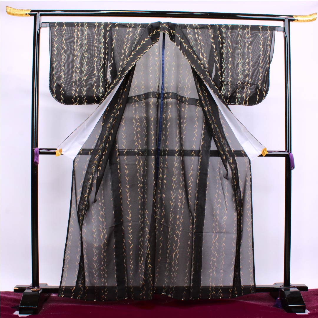 Summer item, polyester, small pattern, length 162cm, sleeve length 66cm, black, bamboo, with lining, unused, silk, A rank, black, 1132000233410