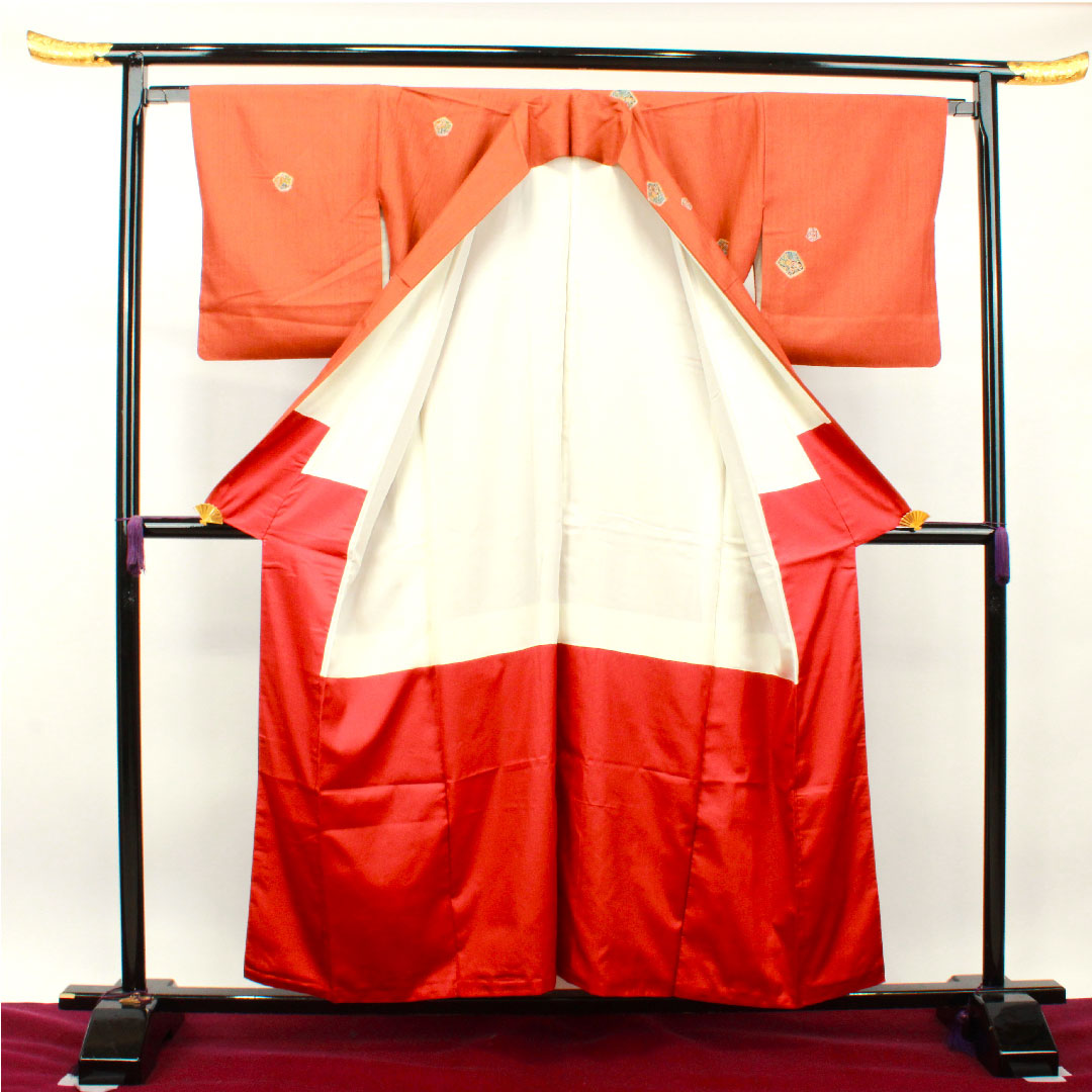 Tsumugi, Length 157cm, Sleeve length 65cm, Orange, Abstract pattern, Pure silk, S rank, Lined, Brown, 1116002802314