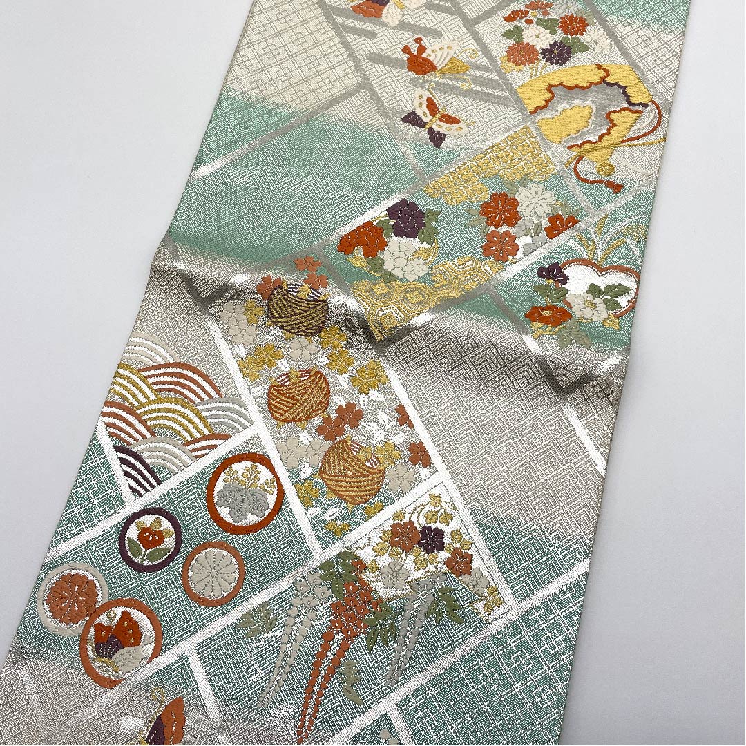 (未仕立)袋帯 銀色 扇面 青海波 花模様 帯丈439cm 正絹 Sランク 六通 フォーマル 銀系 1123005952322