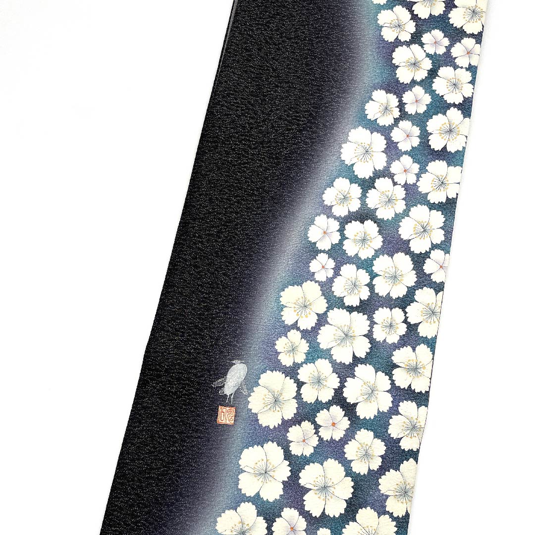 袋帯 黒色 桜 帯丈452cm 正絹 Sランク 六通 セミフォーマル 黒系 1123007862410
