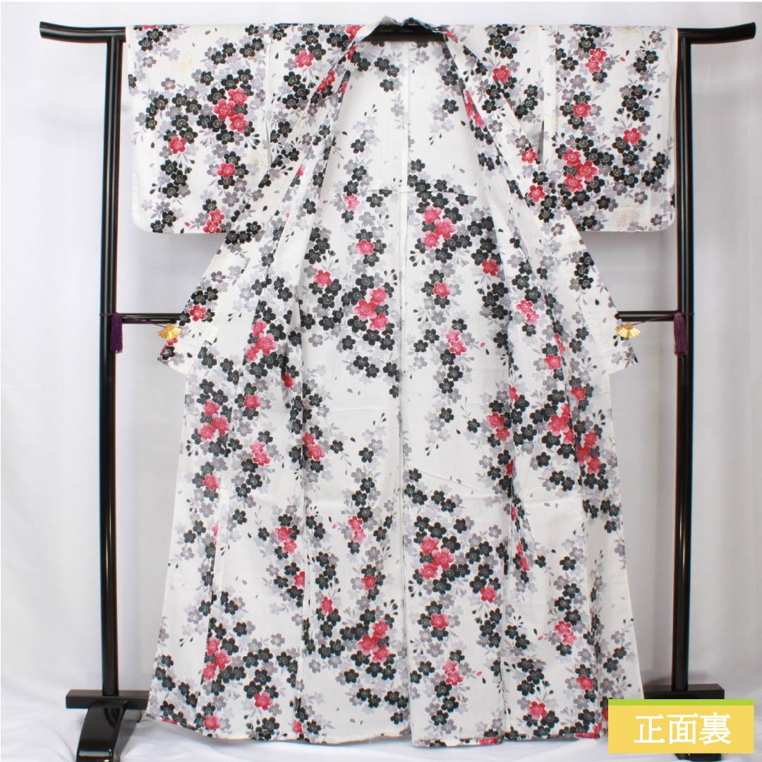 浴衣 木綿 身丈165.5cm 裄丈63.5cm Sランク 単衣 白系 桜 蝶 ラメ 1118006102511
