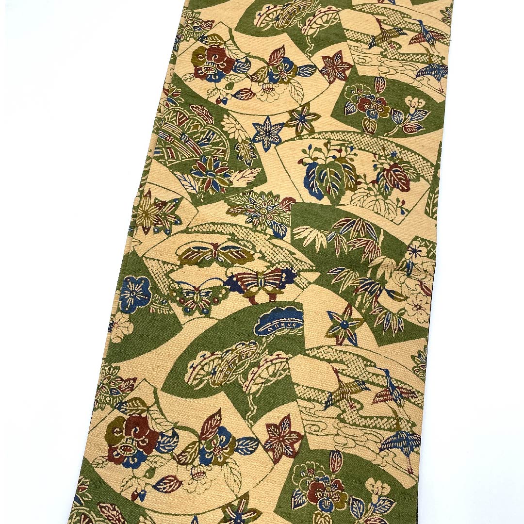 名古屋帯 薄柿色 古典柄 扇面に松竹梅 鳥 蝶 帯丈382cm 正絹 Aランク 全通 カジュアル ベージュ系 1124004613325 名古屋仕立て