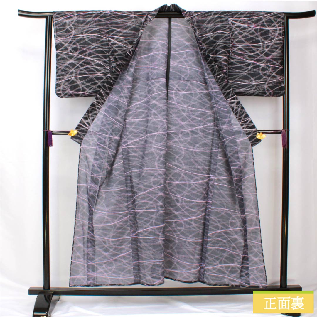 夏物 ポリエステル 小紋 身丈153cm 裄丈64cm 相済茶色(あいすみちゃいろ) 抽象模様 絽 Aランク 黒系 1132002293210