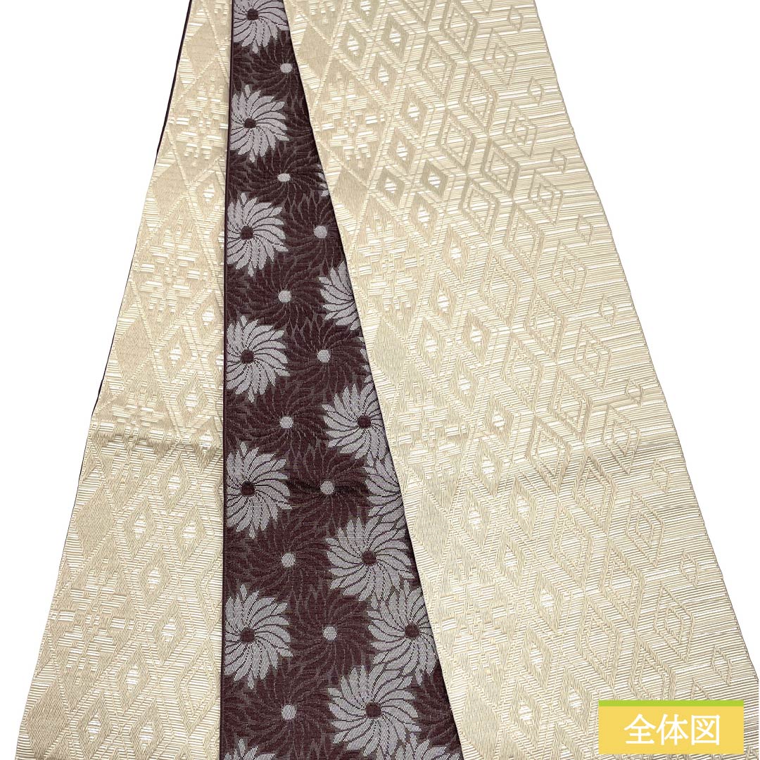 (New) Half-width obi, polyester, NEW rank, Furusare-iro (faded color) / Murasaki-tobi-iro (purple-brown), diamond-shaped abstract floral pattern, reversible, obi length 400cm, beige tones, 1125002801425