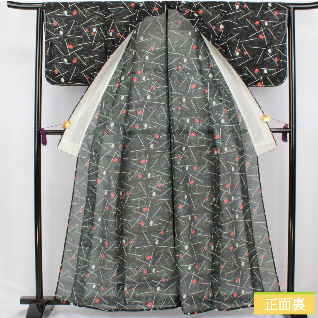 夏物 ポリエステル 小紋 身丈162cm 裄丈64cm シャボン玉 洗える着物 絽 Sランク 黒系 1132002592410