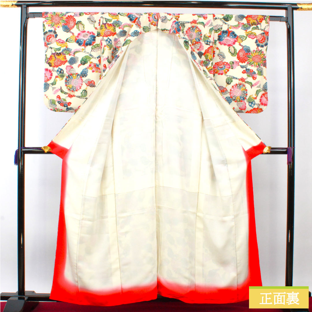 小紋 正絹 身丈158cm 裄丈62cm 袷 乳白色(にゅうはくしょく) 京紅型 草花模様 Aランク クリーム系 1115004293315