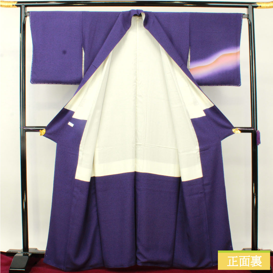 訪問着 正絹 袷 身丈163.5cm 裄丈68cm 江戸紫色(えどむらさきいろ) タタキ染 遠山模様 しあわせガード加工 Sランク 紫系 1112004862420