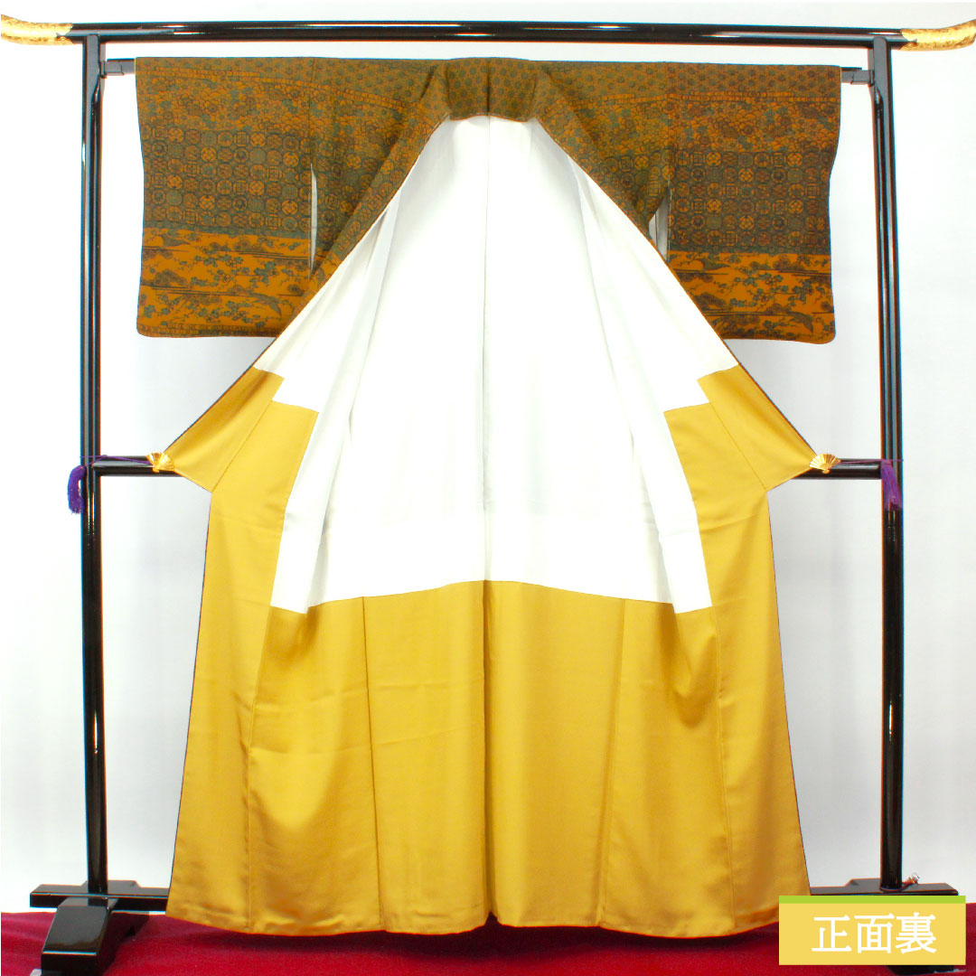小紋 正絹 身丈161.5cm 裄丈65cm 袷 黄橡色(きつるばみいろ) 型染 吉祥文様 Sランク 黄系 1115004192423