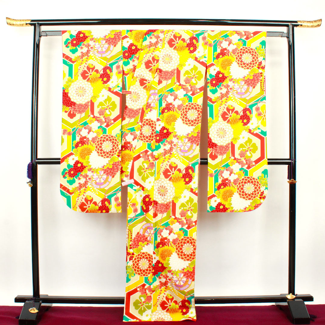 振袖 身丈170.5cm 裄丈67.5cm 袷 洗える着物 亀甲 菊 梅 藤 ポリ Sランク グラデ 1113001012699