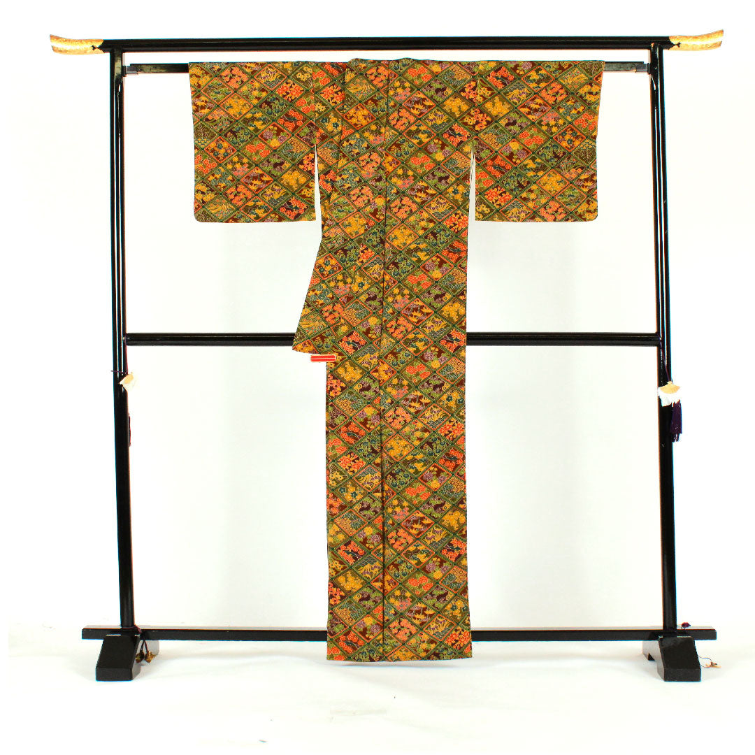 小紋 身丈162cm 裄丈67cm 袷 菱 吉祥文様 正絹 Aランク 茶系 1115001483414