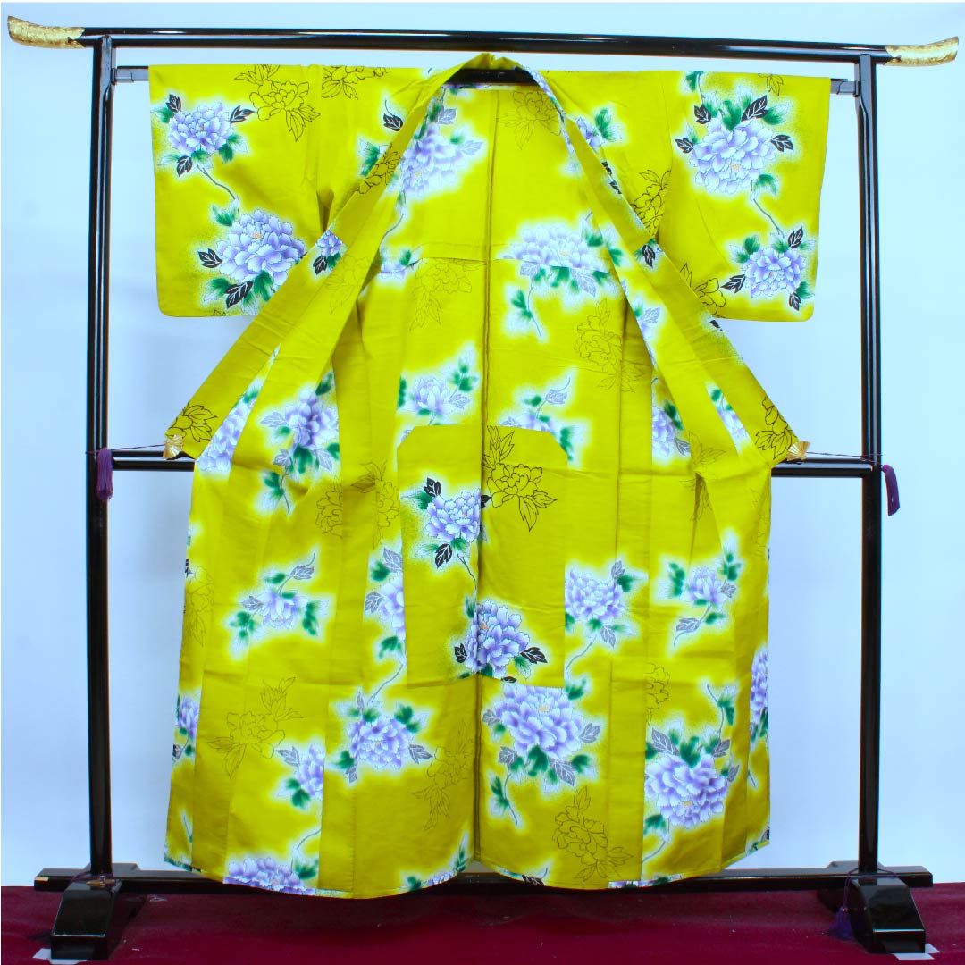 浴衣 刈安色 牡丹 木綿 Sランク 単衣 身丈156.5cm 裄丈65.5cm 黄系 1118004352323