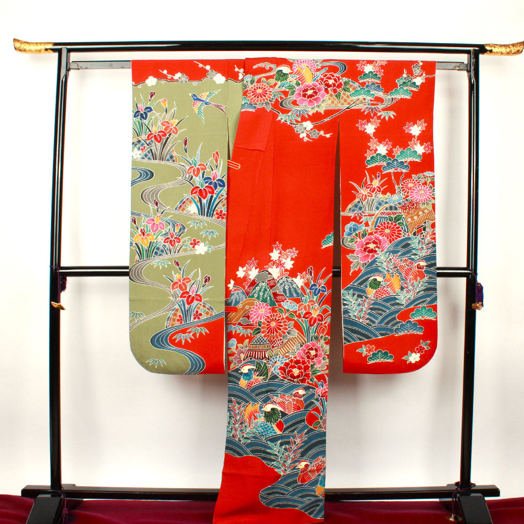 振袖 身丈165cm 裄丈65.5cm 袷 栗梅色 京紅型 鴛鴦 松竹梅 正絹 Sランク 赤系 1113000902512