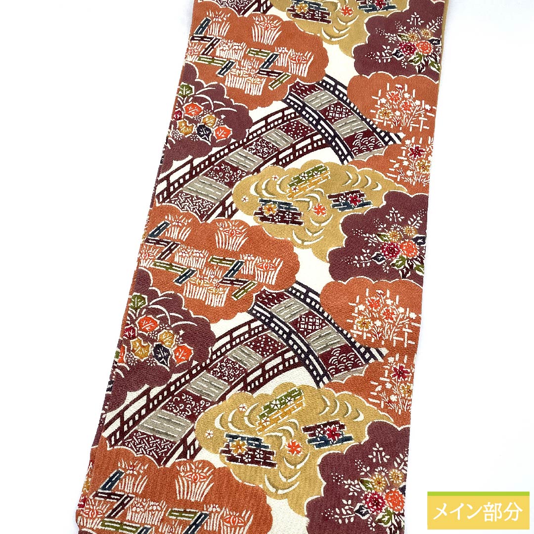 名古屋帯 生成り色 型染 京紅型 古典柄 雲取り ちりめん地 帯丈362cm 正絹 Sランク 六通 カジュアル 白系 1124005802311 名古屋仕立て