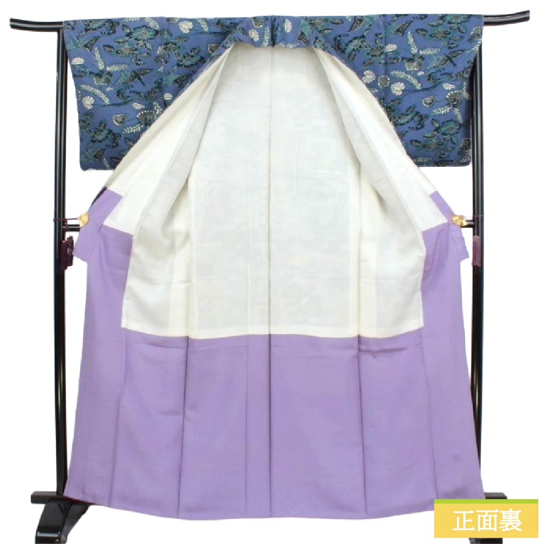 小紋 正絹 Aランク 身丈164cm 裄丈66cm 袷 紺藤色(こんふじいろ) 型染 葵 鶴 紫系 1115008273420