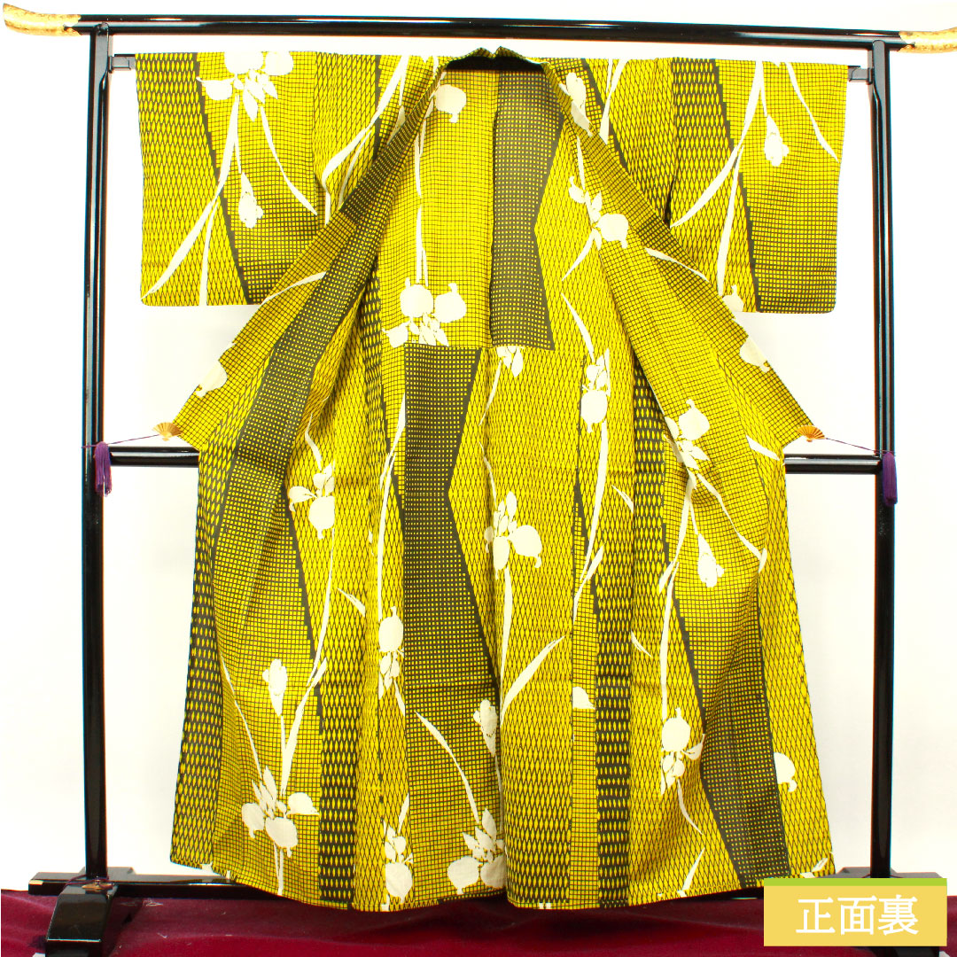 浴衣 木綿 身丈160cm 裄丈67cm Sランク 単衣 黄系 鶸色(ひわいろ) 菖蒲 幾何学模様 1118004792423