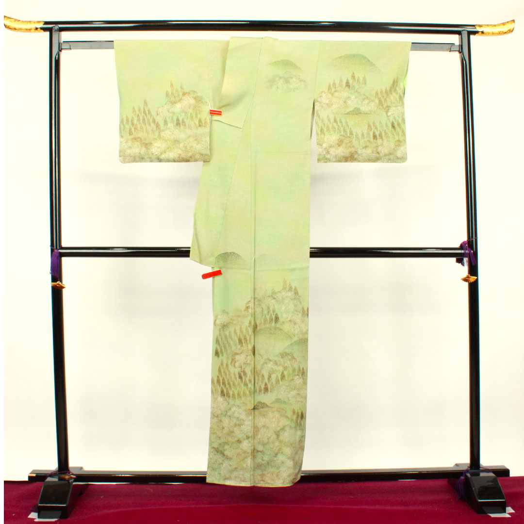 訪問着 袷 身丈156cm 裄丈61.5cm 裏葉色 タタキ染 風景模様 正絹 Aランク 緑系 1112002303319