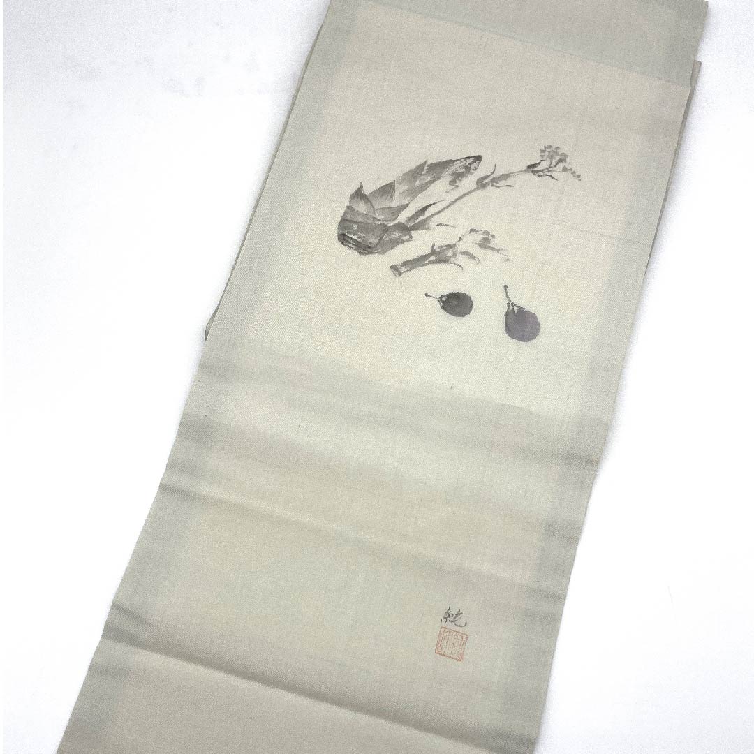 名古屋帯 卯の花色 夏帯 紗 なすび たけのこ 染帯 作家物 西陣織 帯丈375.5cm 正絹 Aランク ポイント柄 カジュアル グレー系 1124003903322 名古屋仕立て