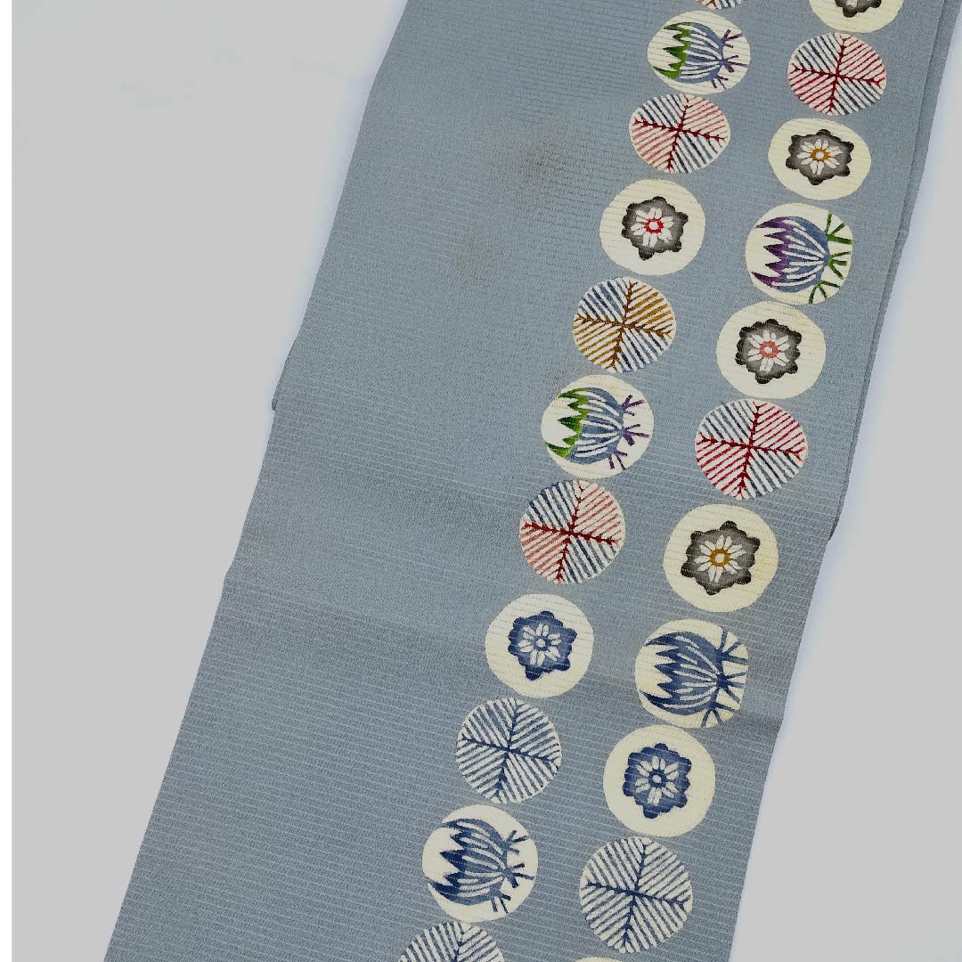 Nagoya obi, agarwood brown, summer obi, silk, floral pattern, dyed obi, obi length 378.5cm, pure silk, B rank, six-pass, casual, blue, 1124004294317, Nagoya style