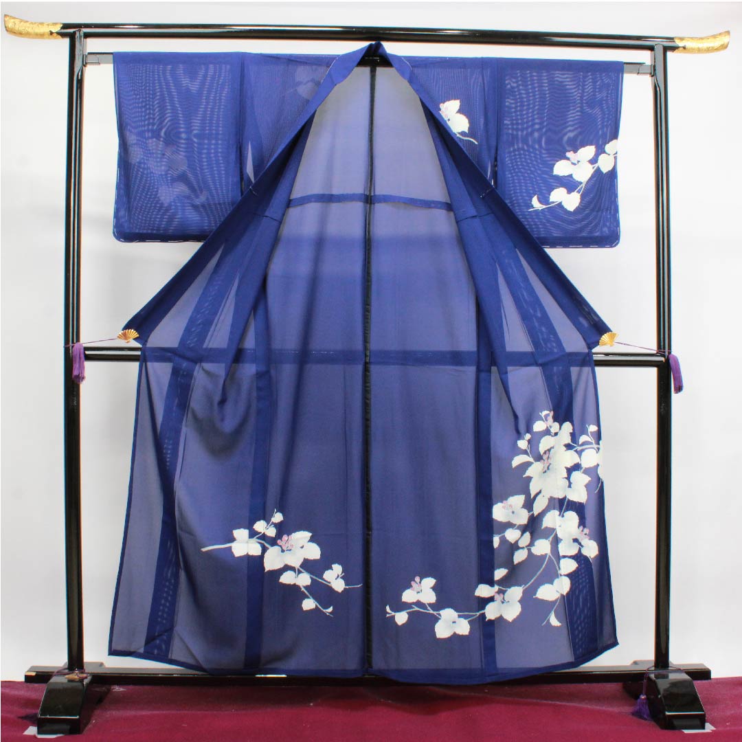 夏物 正絹 訪問着 身丈158cm 裄丈64cm 濃紺色(のうこんいろ)花模様 絽 Sランク 紺系 1132000122318