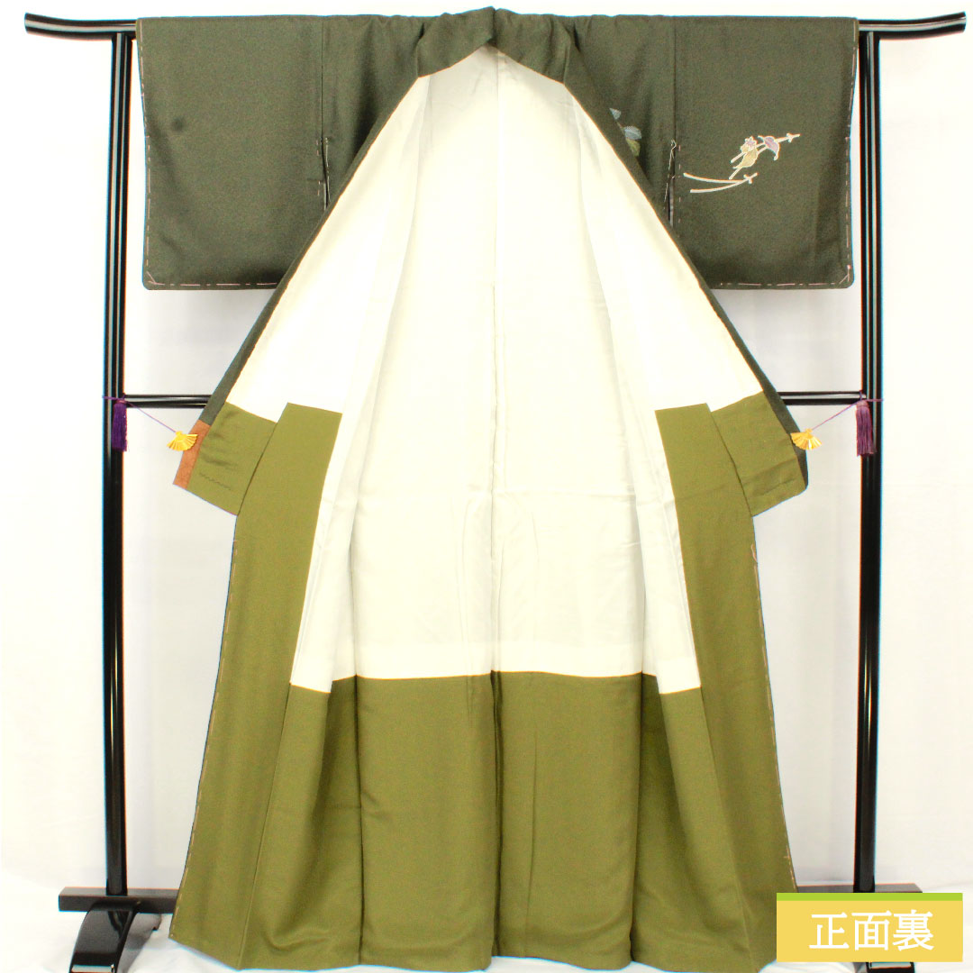 訪問着 ポリエステル 袷 身丈165cm 裄丈63cm 藍海松茶色(あいるみちゃいろ) 洗える着物 松葉 Aランク 緑系 1112005843519