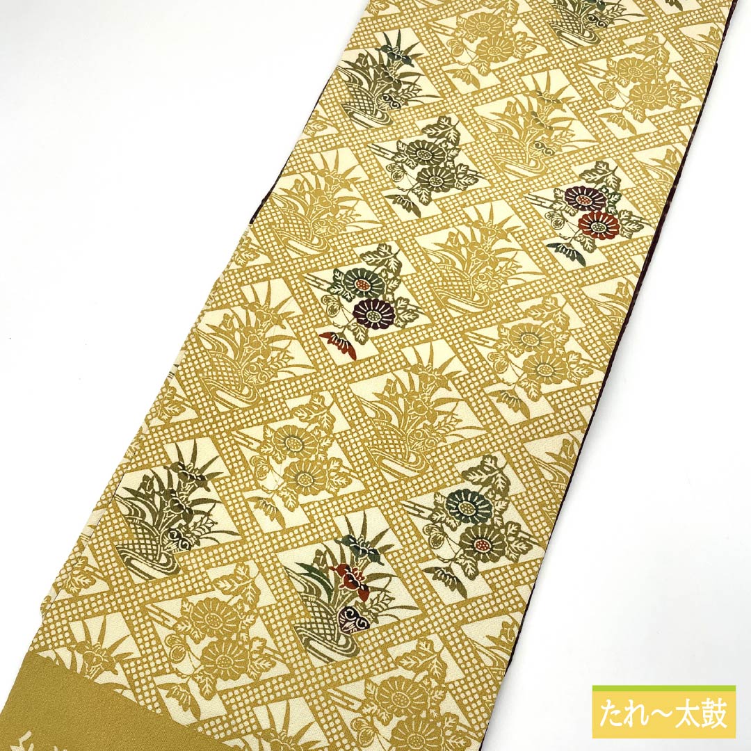 Nagoya obi, gold (kanairo), artist work, Kuriyama Kobo, Japanese dyed red pattern, obi length 392cm, pure silk, A rank, six-pass, casual, beige, 1124008253425, Nagoya tailoring