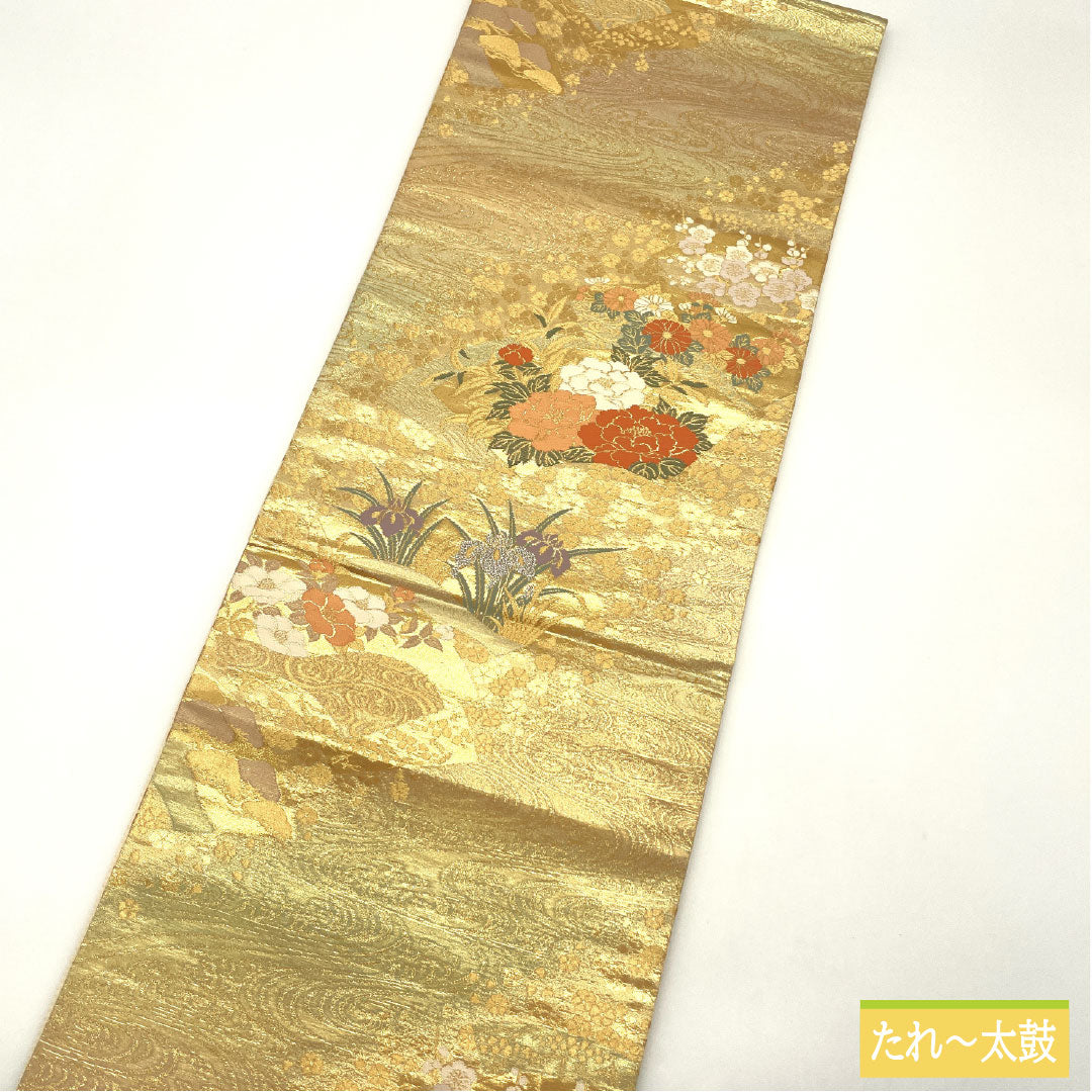 袋帯 正絹 Aランク 西陣織 扇面 花模様 留袖用 帯丈430cm 六通 フォーマル 金系 1123016493321