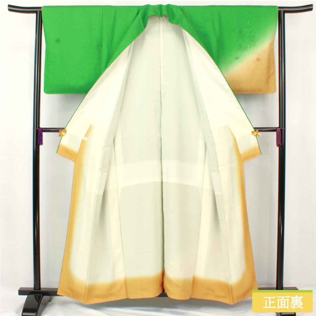 訪問着 正絹 袷 身丈157.5cm 裄丈62.5cm 草緑色(くさみどりいろ) 汕頭刺繡 草花模様 スコッチガード Sランク 緑系 1112004992319