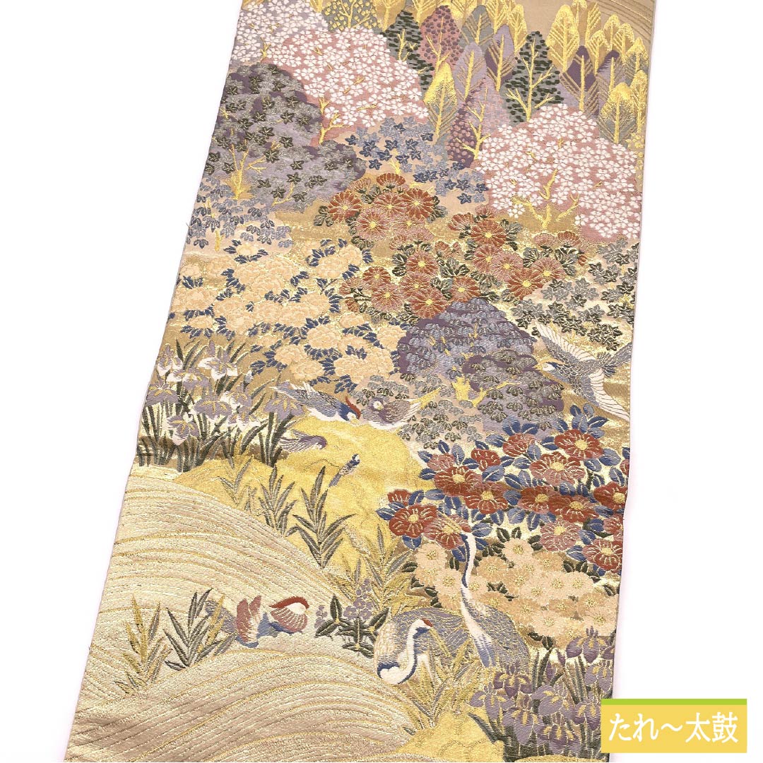 袋帯 正絹 金色(きんいろ) 鶴 鳳凰 鴛鴦 風景 帯丈432cm Sランク 六通 フォーマル 金系 1123012062321