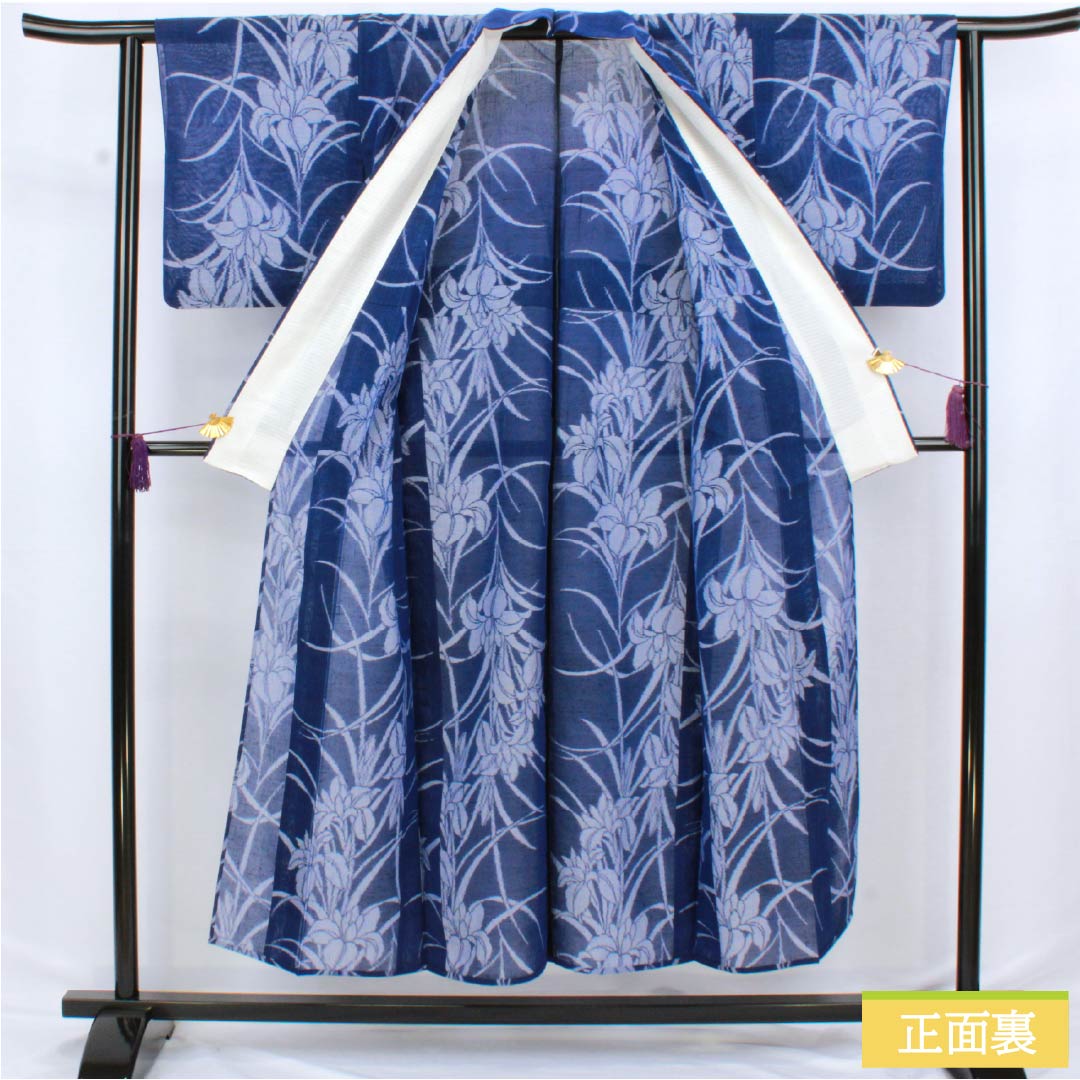 Summer pure silk tsumugi kimono, length 151cm, sleeve length 62.5cm, navy blue with iris and gauze, A-rank, blue, 1132002813217