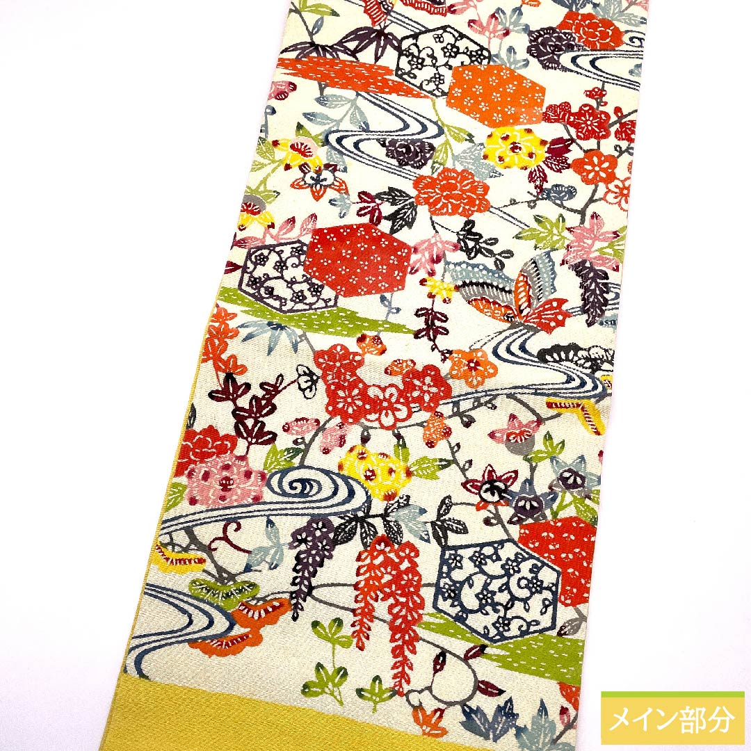 名古屋帯 生成り色 京紅型 蝶 花柄 流水模様 帯丈352cm 正絹 Aランク 六通 カジュアル クリーム系 1124005463315 名古屋仕立て