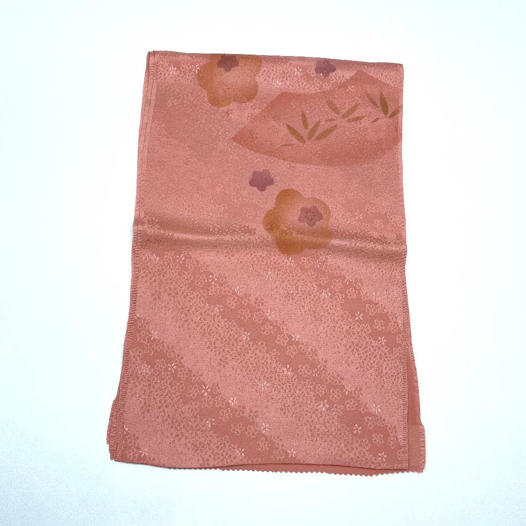 (新古品) 帯揚げ 正絹 フォーマル 珊瑚色(さんごいろ) 梅 扇面 笹 長さ約176cm 幅約29cm Sランク ピンク系 1136000192913