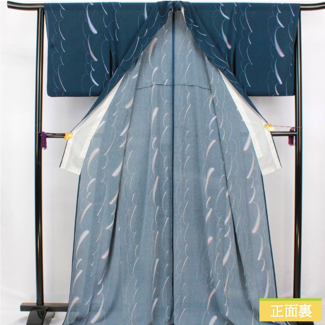 夏物 ポリエステル 小紋 身丈168cm 裄丈66cm 紺鉄色(こんてついろ) 抽象模様 洗える着物 絽 Aランク 紺系 1132002643518