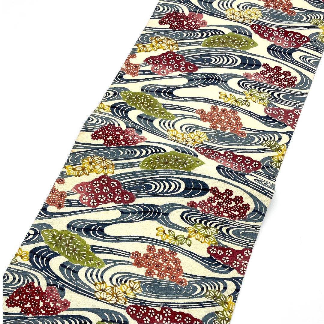 名古屋帯 生成り色 京紅型 観世流水 花模様 帯丈338cm 正絹 Bランク 六通 カジュアル 白系 1124003734311 名古屋仕立て