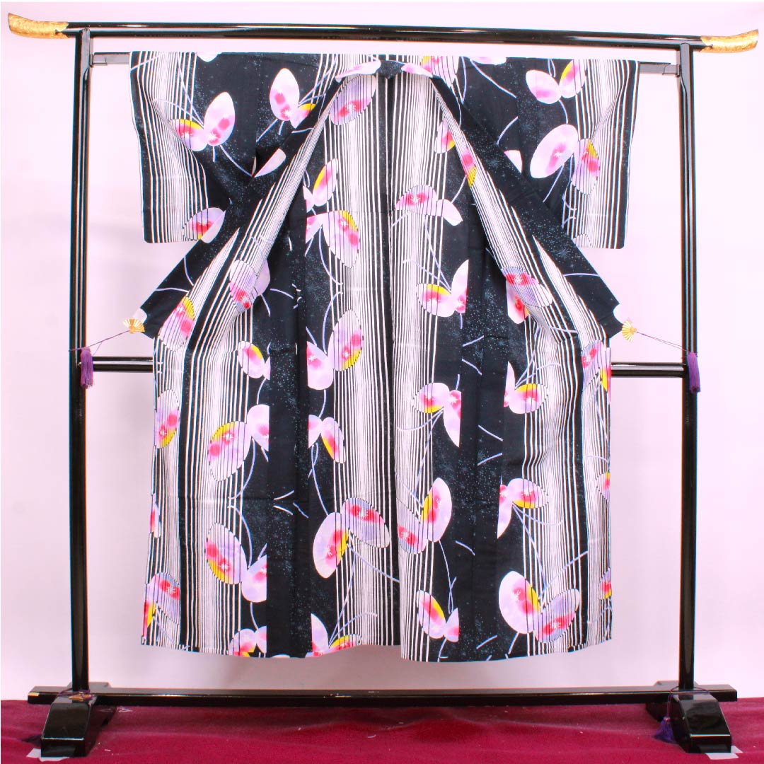 Yukata Black Butterfly Vertical Stripes Stars Cotton S Rank Single Layer Length 148.5cm Sleeve Length 61.5cm Black 1118004322110