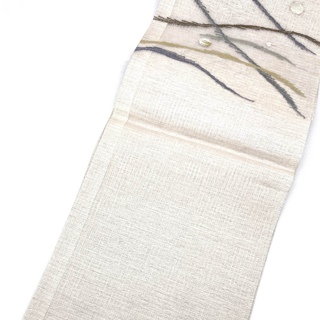 袋帯 胡粉色(ごふんいろ) 夏帯 抽象模様 リバーシブル 夏物 帯丈444cm 正絹 Sランク ポイント柄 カジュアル 白系 1123007702311