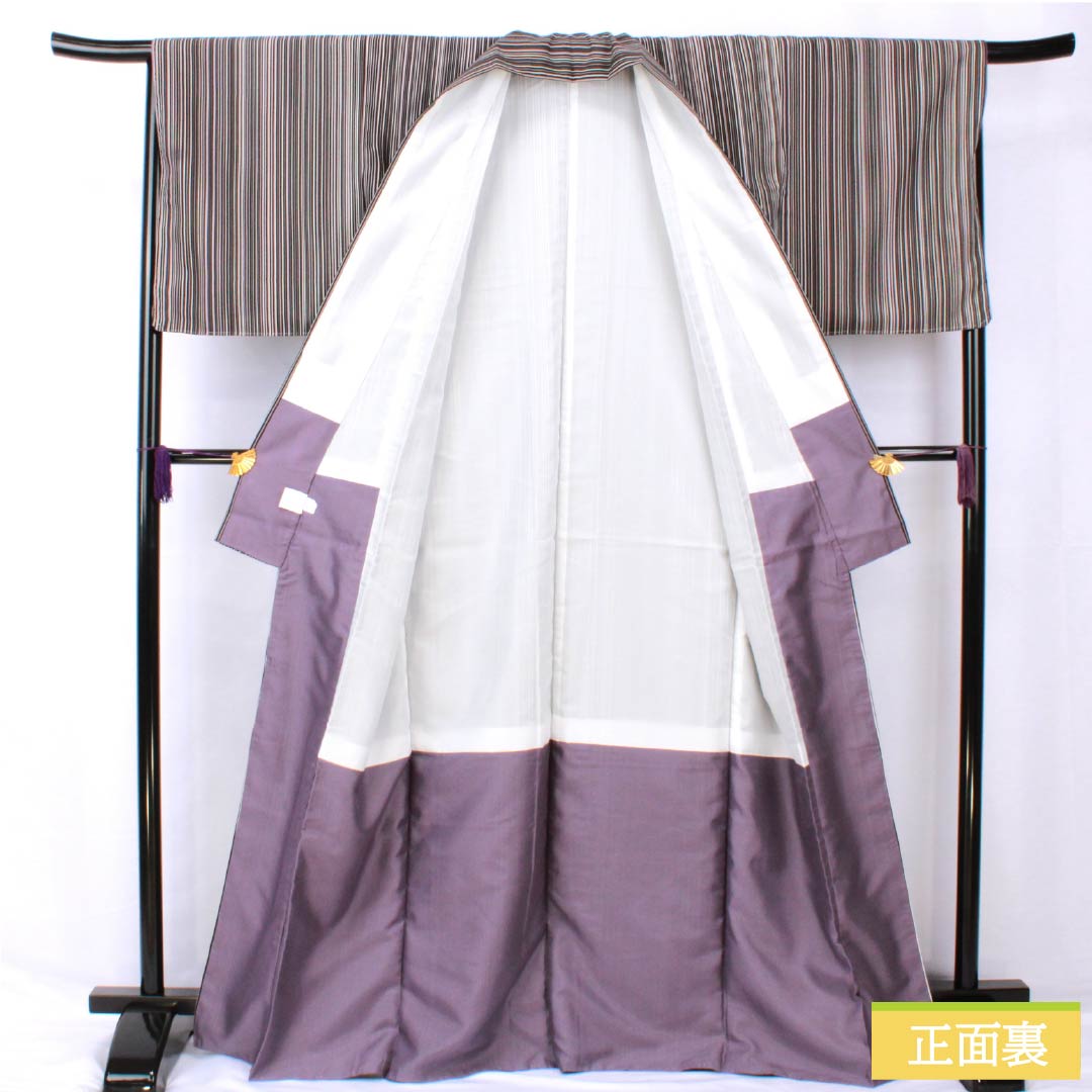 小紋 ポリエステル 身丈167.5cm 裄丈67cm 袷 縞 洗える着物 しつけ糸付き Sランク 黒系 1115005512510