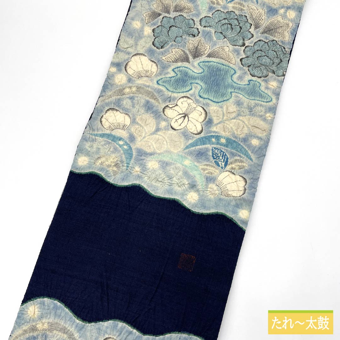 Nagoya obi, white and deep blue, tie-dyed, by an artist, Tsujigahana, obi length 360cm, pure silk, rank S, point pattern, casual, light blue, 1124007032324, open style