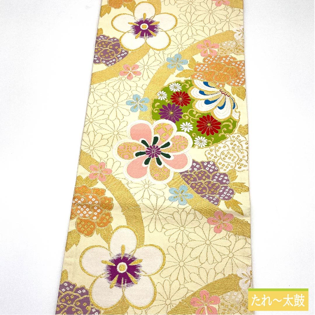 袋帯 正絹 生成り色(きなりいろ) 梅 菊 七宝 花唐草 帯丈434cm Sランク 六通 フォーマル クリーム系 1123011712315
