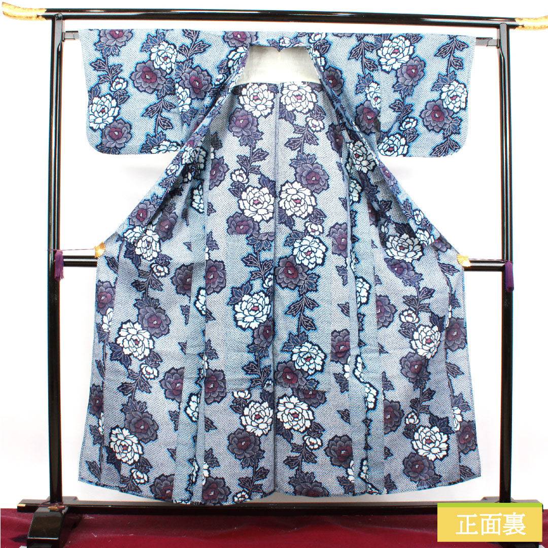 浴衣 木綿 身丈156cm 裄丈65.5cm Sランク 単衣 紺系 濃紺色(のうこんいろ) リップル 牡丹 1118004642318